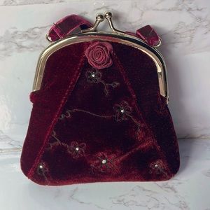Maroon velvet wrist purse and regency reticule. Bridgerton style with ba…